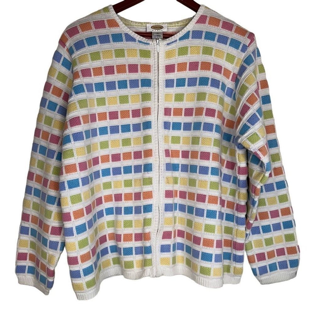 Vintage Talbots Colorful Patchwork Full Zip Sweater Jacket Womens 1X GrannyCore